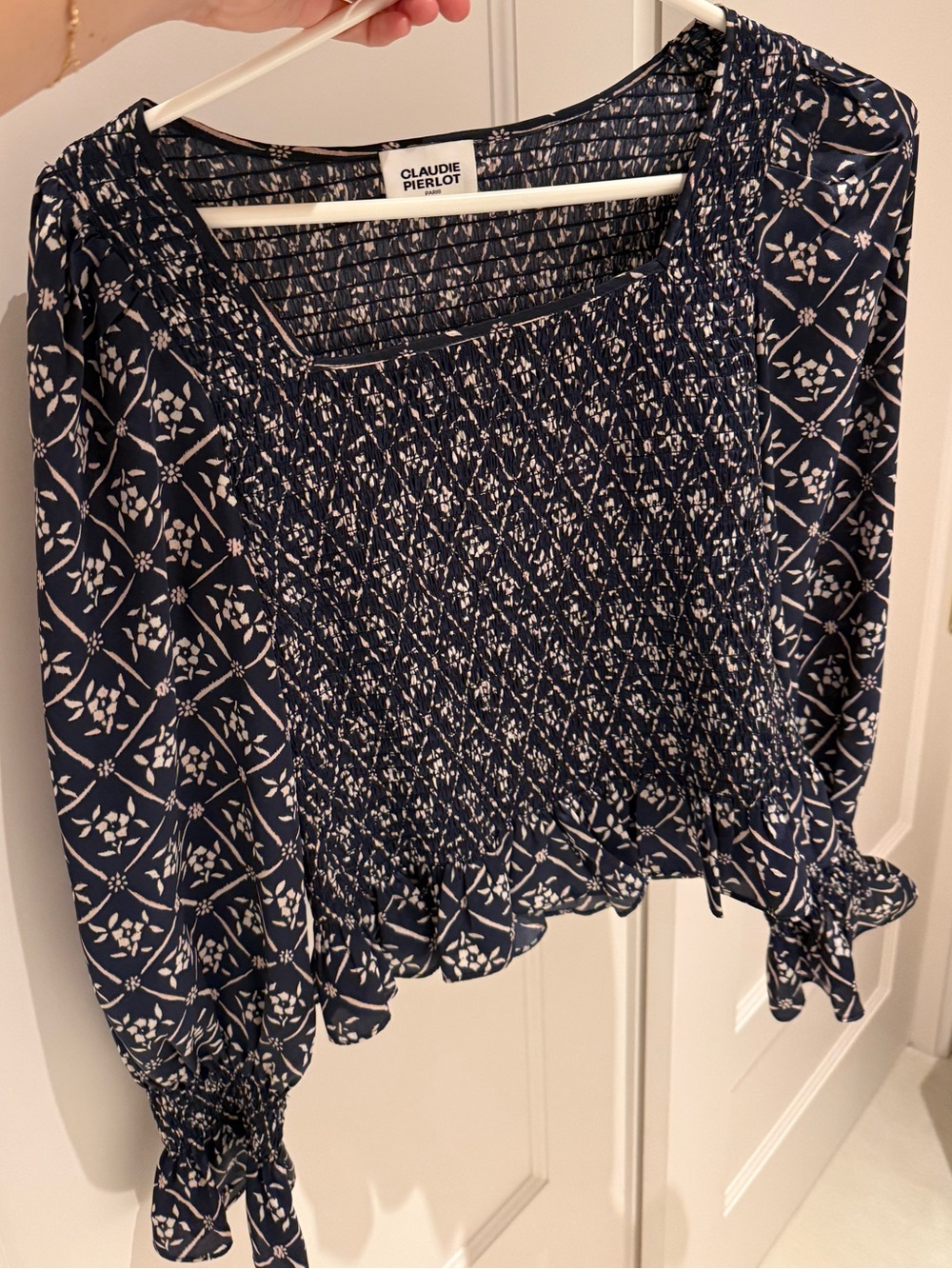Claudie Pierlot Navy Smocked Floral-Print Blouse